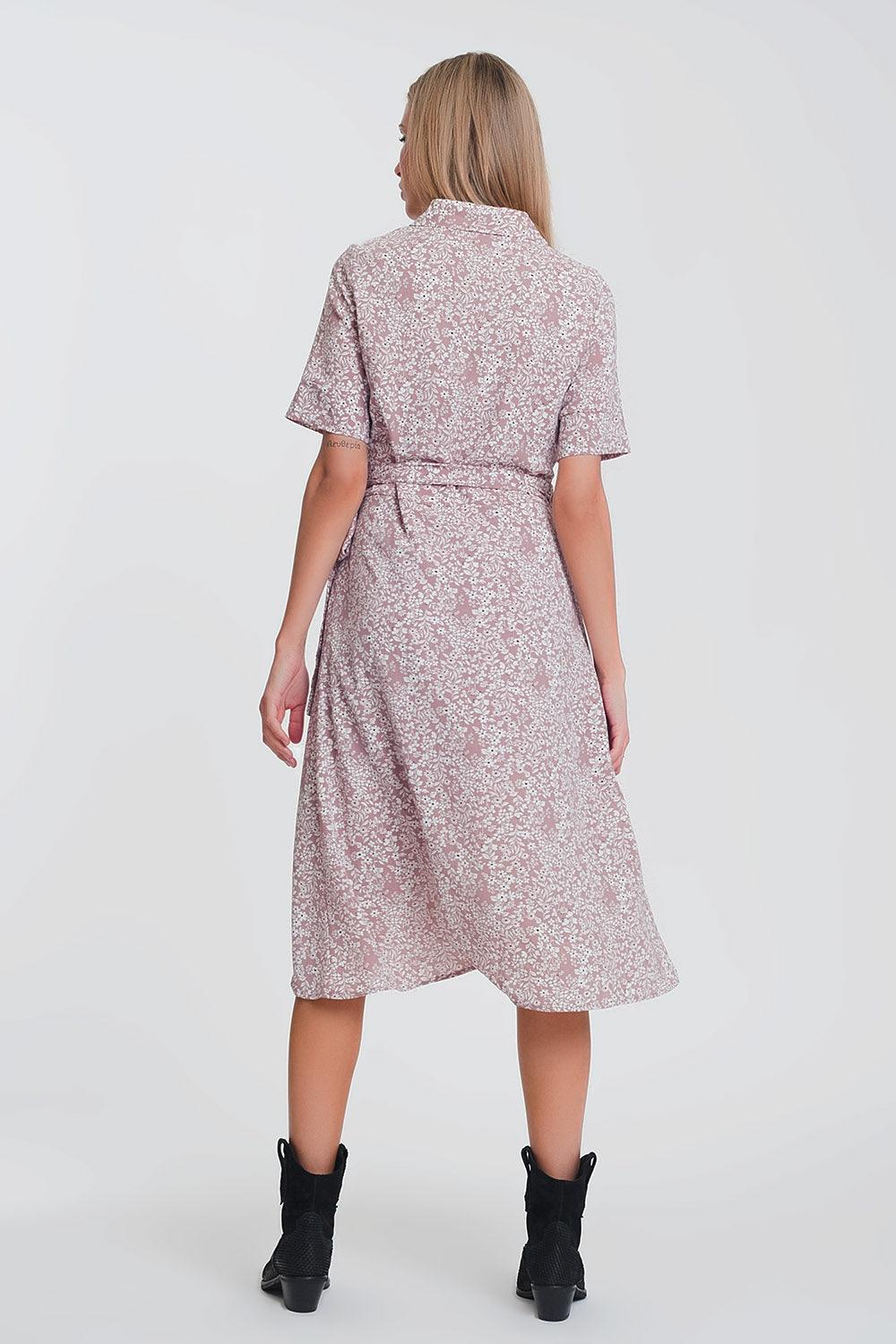 Women's Pink Floral Print Wrap Midi Day Dress - Lovez Aqua© - 