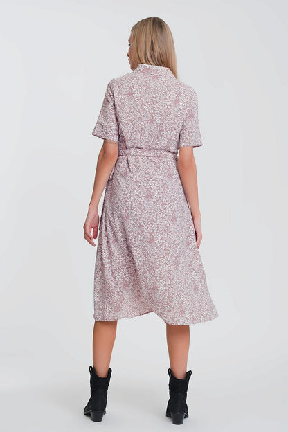 Women's Pink Floral Print Wrap Midi Day Dress - Lovez Aqua© - 