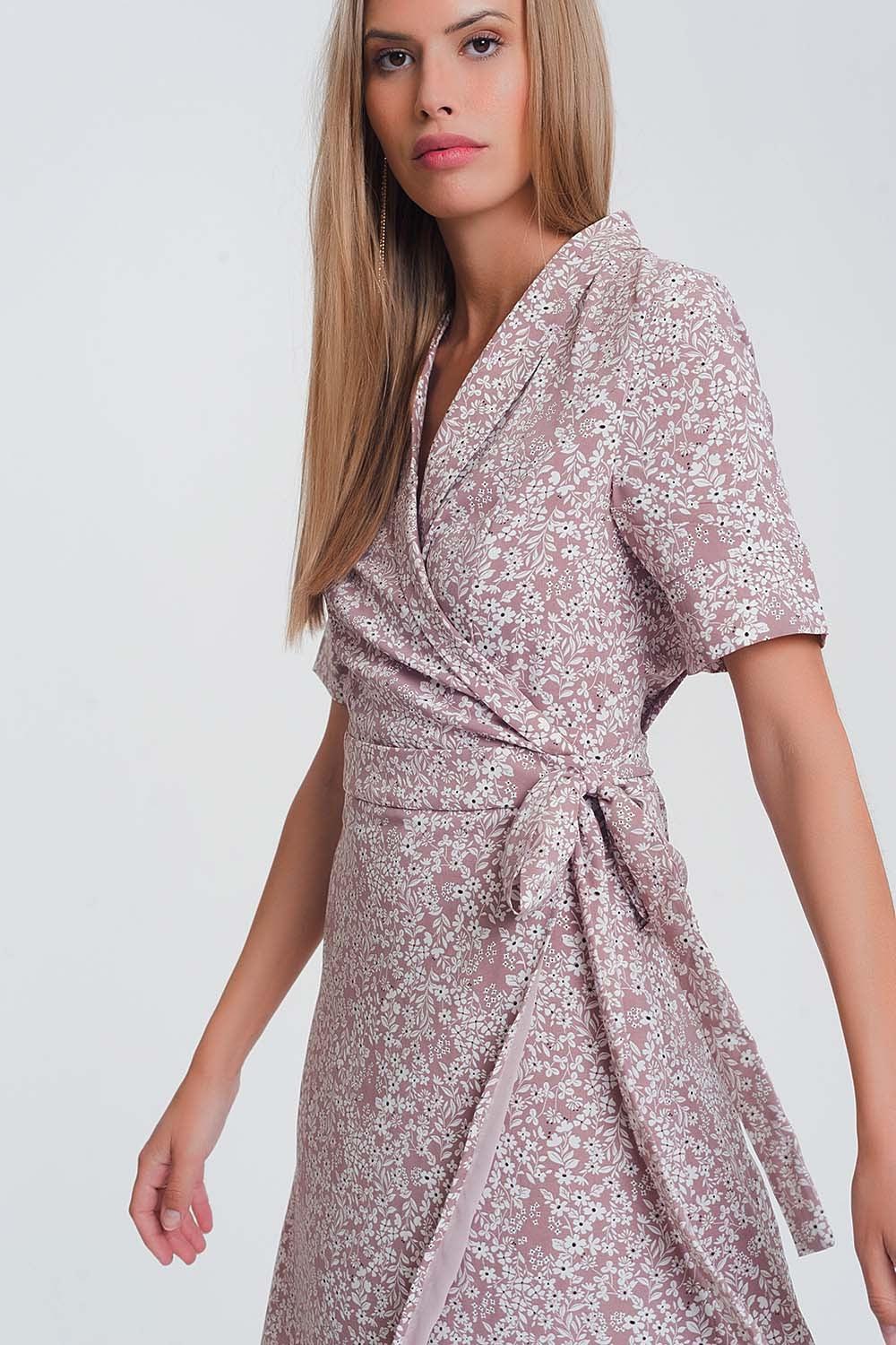 Women's Pink Floral Print Wrap Midi Day Dress - Lovez Aqua© - 