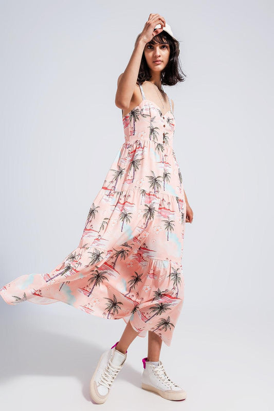 Women's Pink Tropical Print Cami Maxi Beach Dress - Lovez Aqua© - 