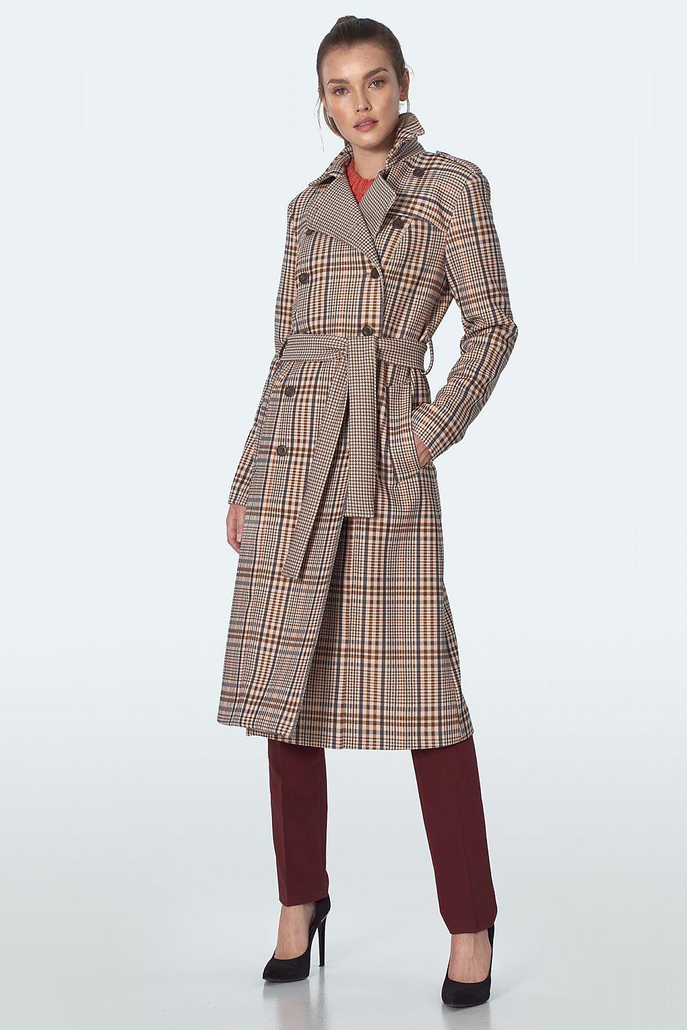 Women’s Plaid Belted Trench Coat with Classic Collar & Button Closure - Lovez Aqua© - 