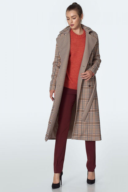Women’s Plaid Belted Trench Coat with Classic Collar & Button Closure - Lovez Aqua© - 