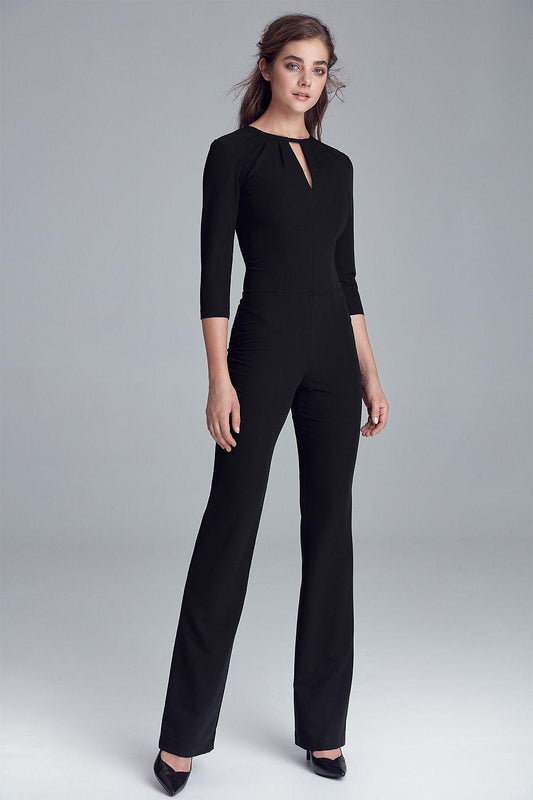 Women's Sleek Black Jumpsuit With Keyhole Neckline & Flared Legs - Lovez Aqua© - 