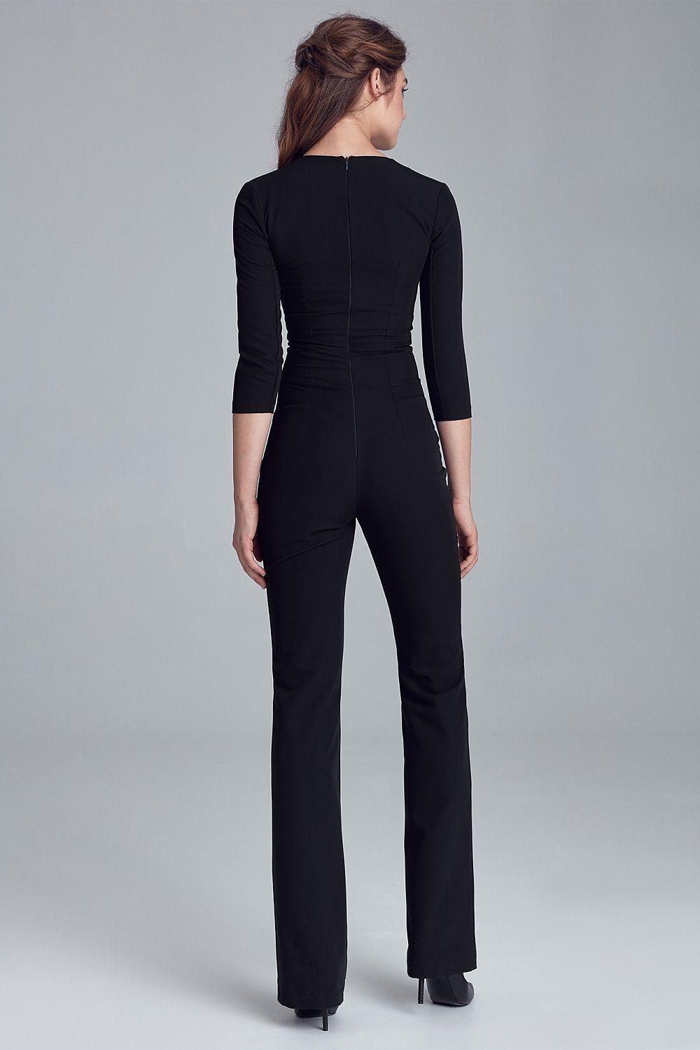 Women's Sleek Black Jumpsuit With Keyhole Neckline & Flared Legs - Lovez Aqua© - 