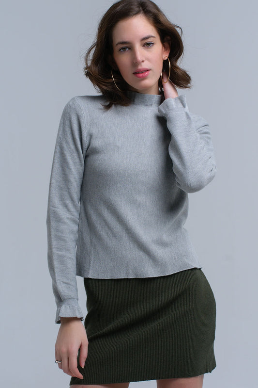 Women's Sleek Gray Sweater With Ruffled Sleeves - Lovez Aqua© - 