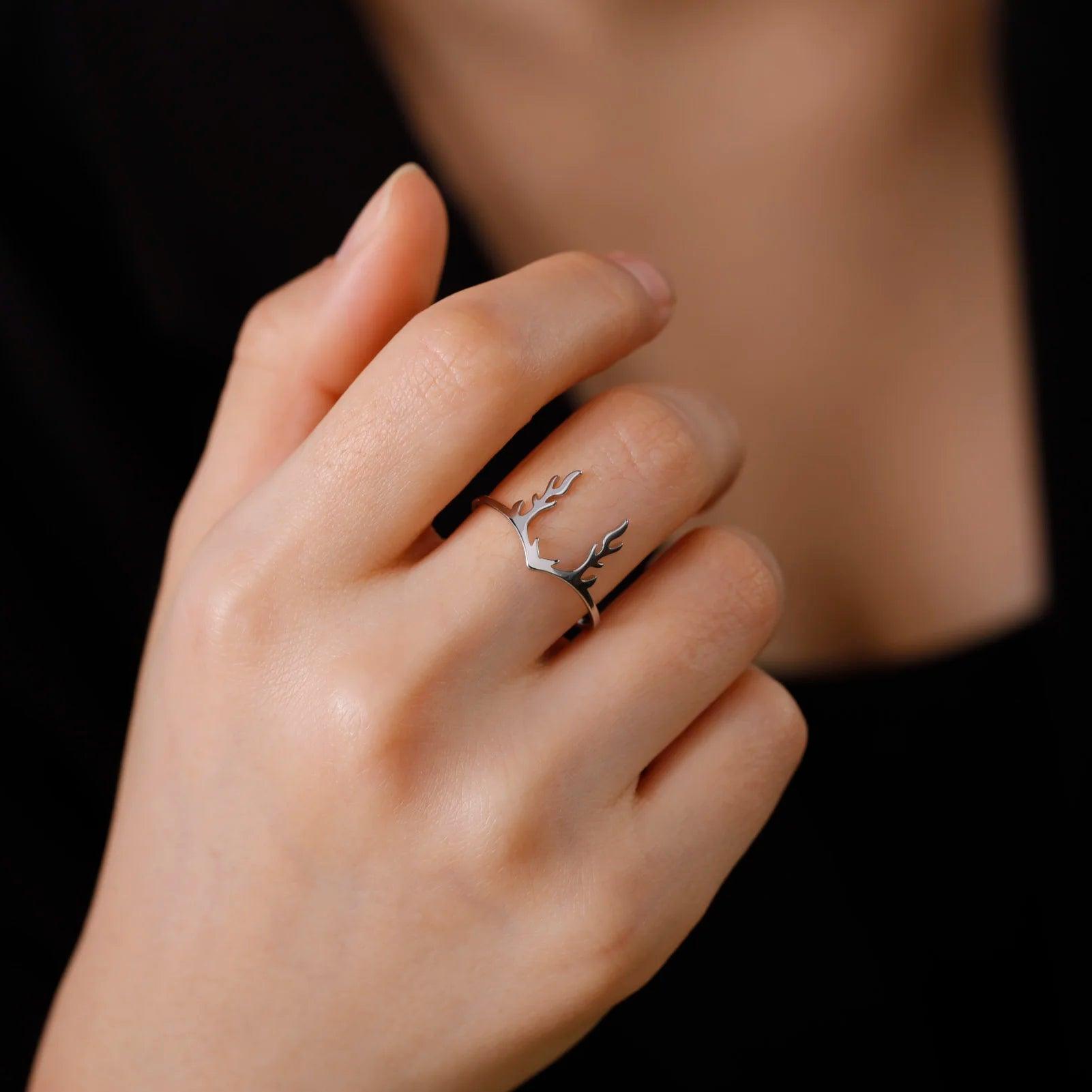 Women’s Stainless Steel Ring with Elegant Elk Antlers Design - Lovez Aqua© - 