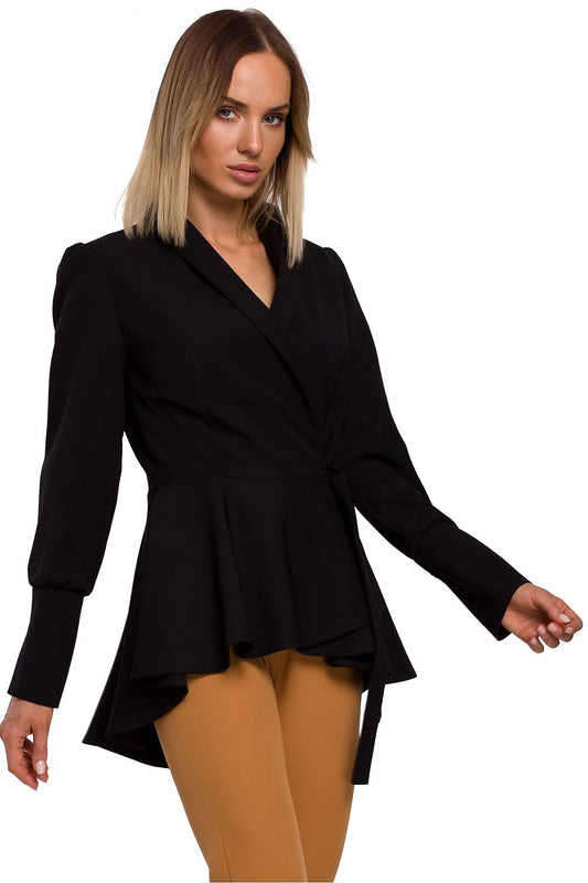 Women’s Tailored Black Wrap-Around Peplum Jacket with Asymmetrical Hemline - Lovez Aqua© - 