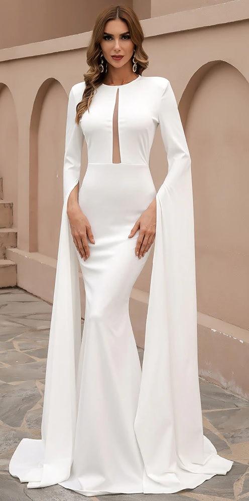 Women's Timeless Cape-Sleeve Gown With Fitted Bodice - Lovez Aqua© - White / S