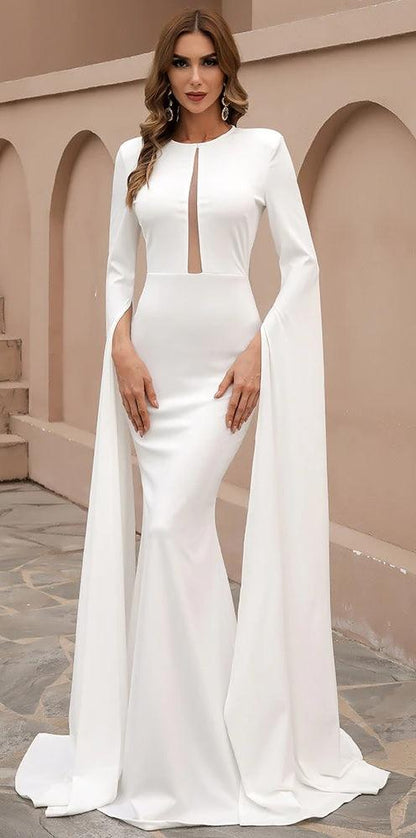 Women's Timeless Cape-Sleeve Gown With Fitted Bodice - Lovez Aqua© - White / S