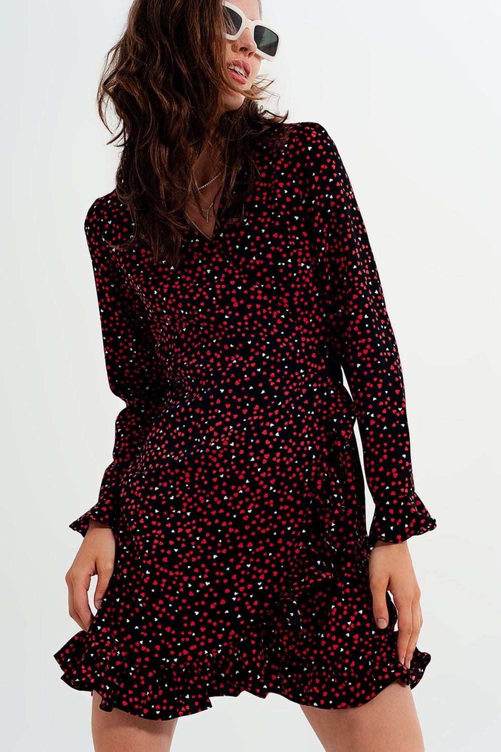 Women's V-Neck Mid Length Heart Print Wrap Dress - Lovez Aqua© - 