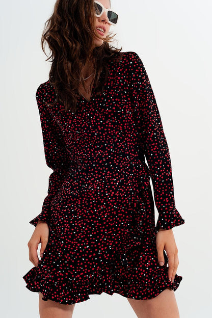 Women's V-Neck Mid Length Heart Print Wrap Dress - Lovez Aqua© - 