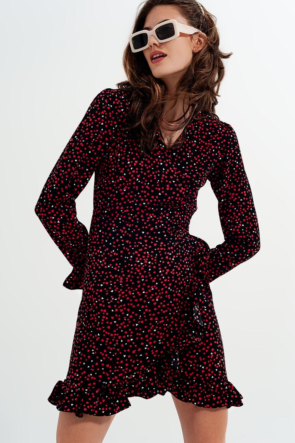 Women's V-Neck Mid Length Heart Print Wrap Dress - Lovez Aqua© - 