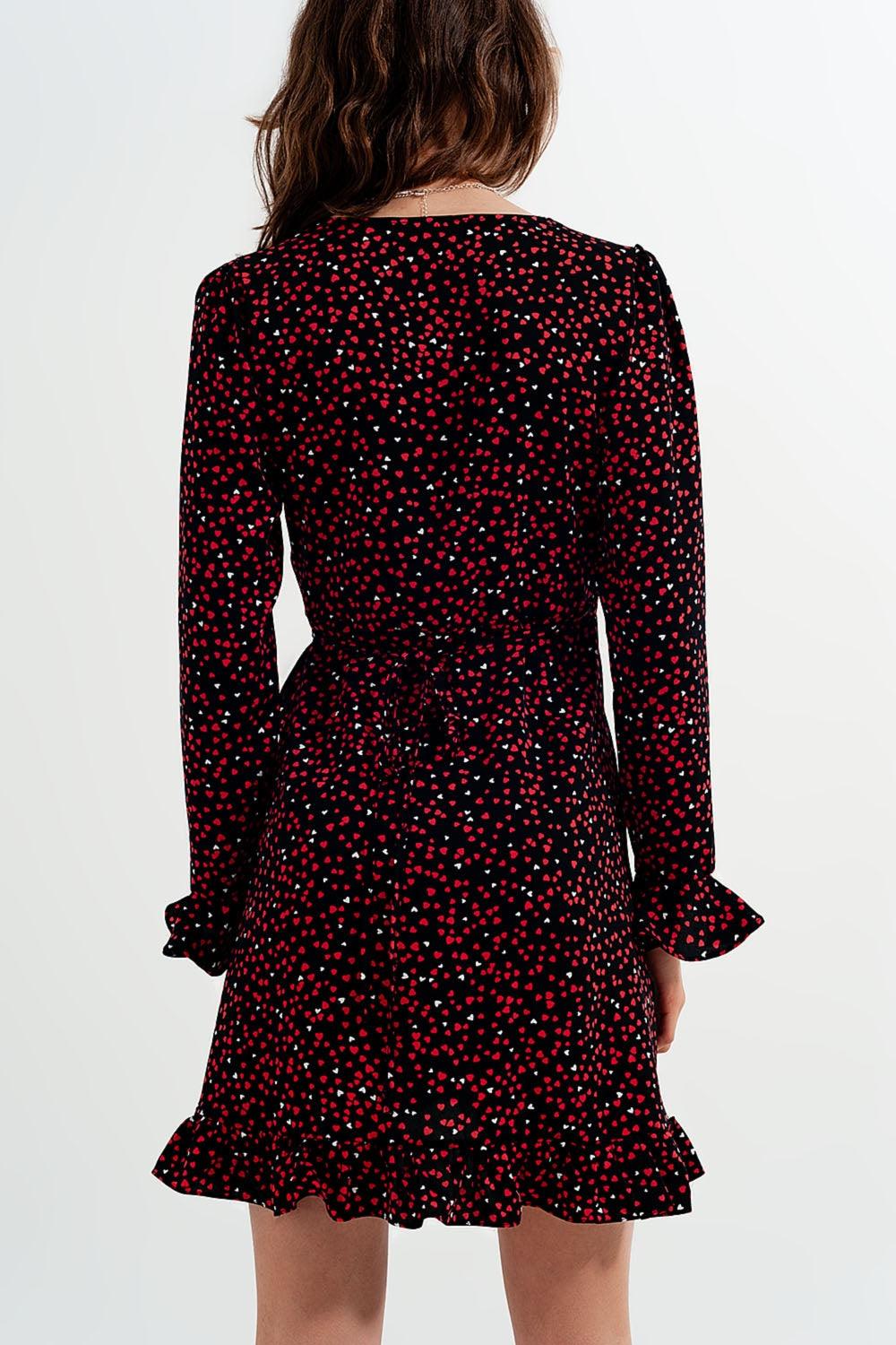 Women's V-Neck Mid Length Heart Print Wrap Dress - Lovez Aqua© - 