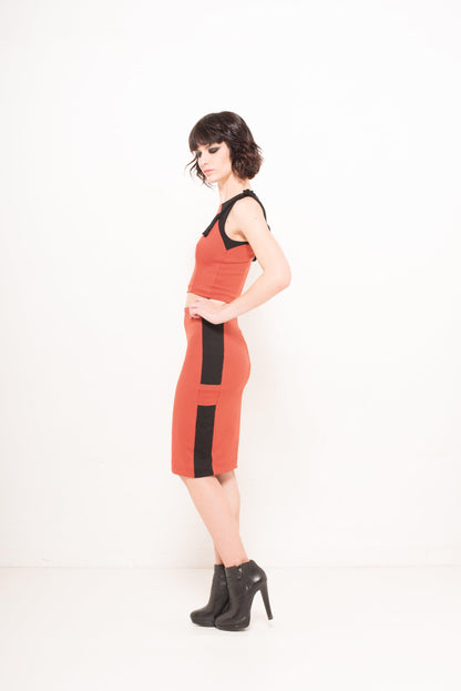 Women's Vibrant Orange & Black Knitted Pencil Skirt - Lovez Aqua© - 