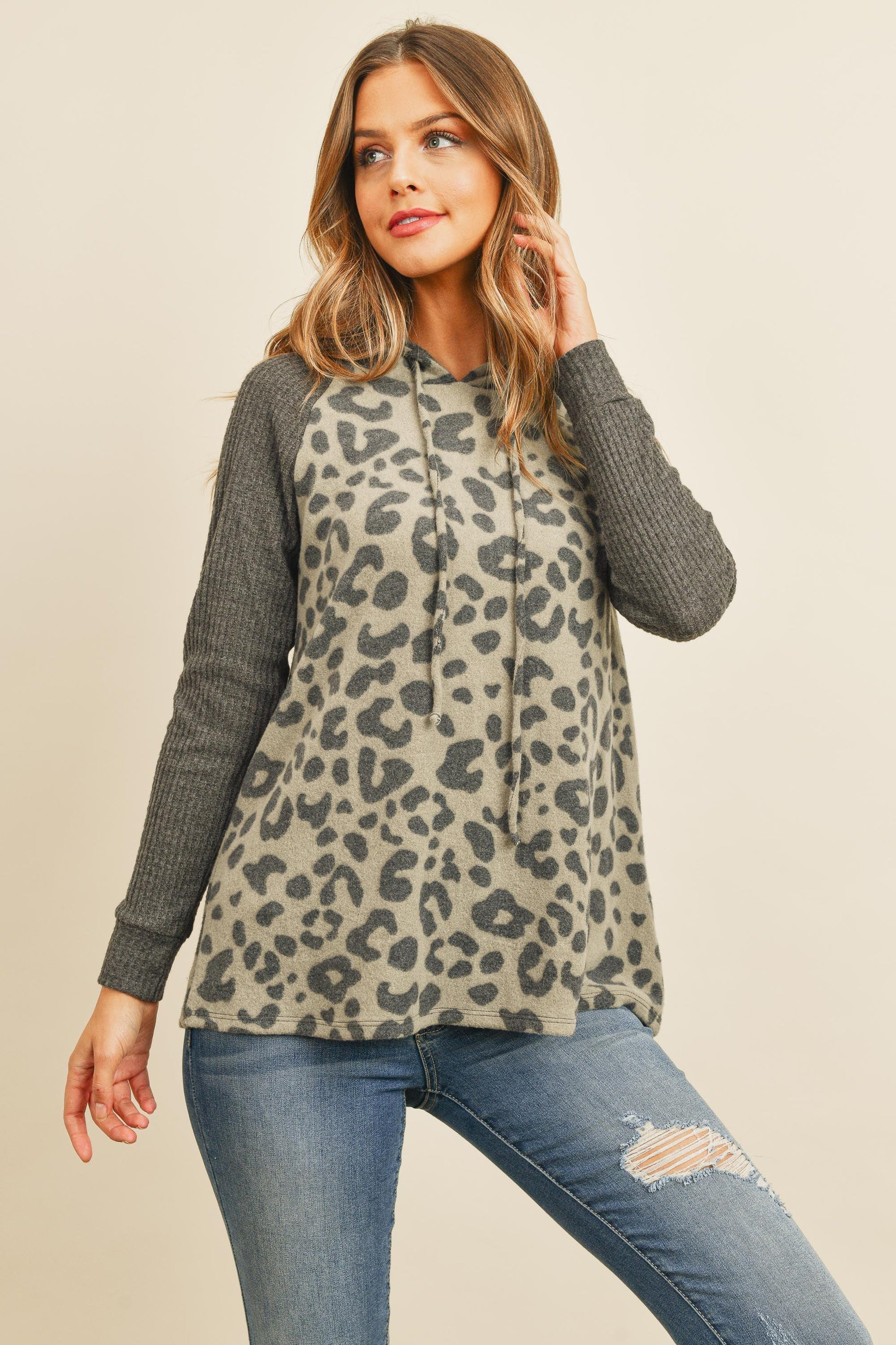 Women's Waffle Sleeve Leopard Animal Print Drawstring Hoodie - Lovez Aqua© - Olive / S