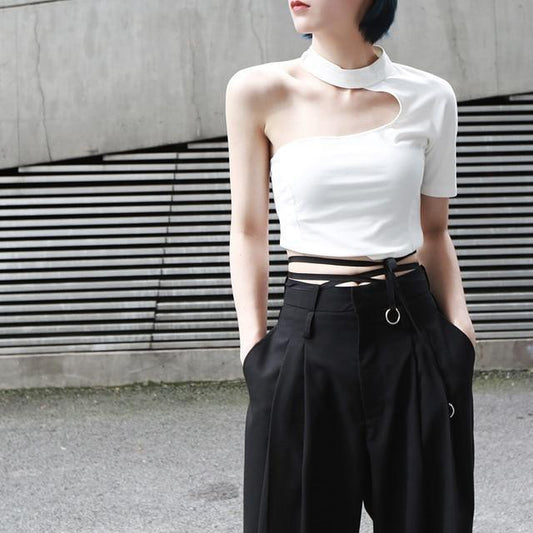 Women's White Off-Shoulder Crop Top with Choker Neckline & Backless Detail - Lovez Aqua© - S