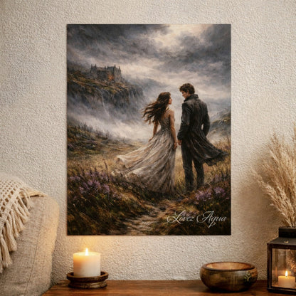 Wuthering Heights gothic wall art print featuring Heathcliff and Catherine standing on stormy moors in dark academia style