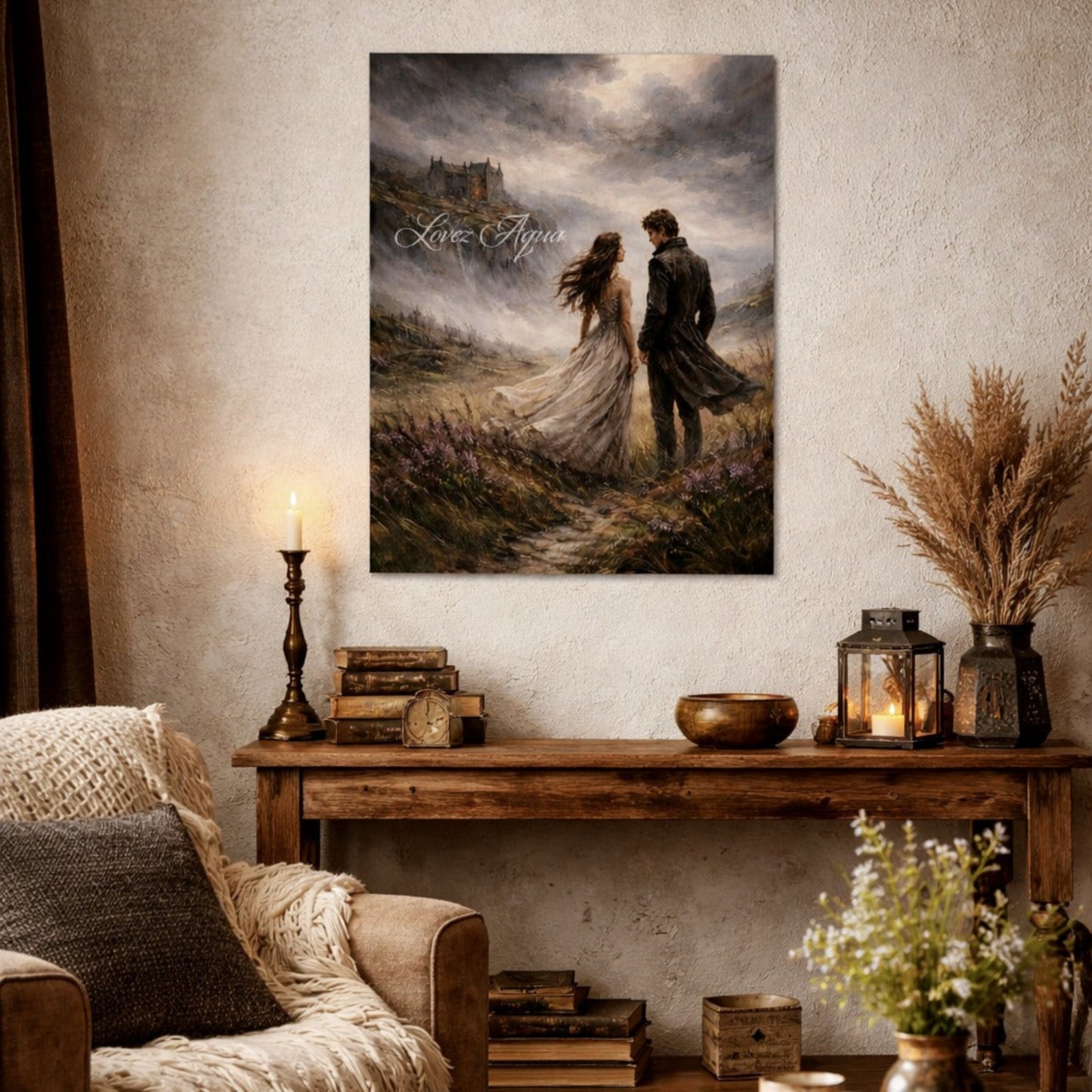 Wuthering Heights gothic wall art print featuring Heathcliff and Catherine standing on stormy moors in dark academia style