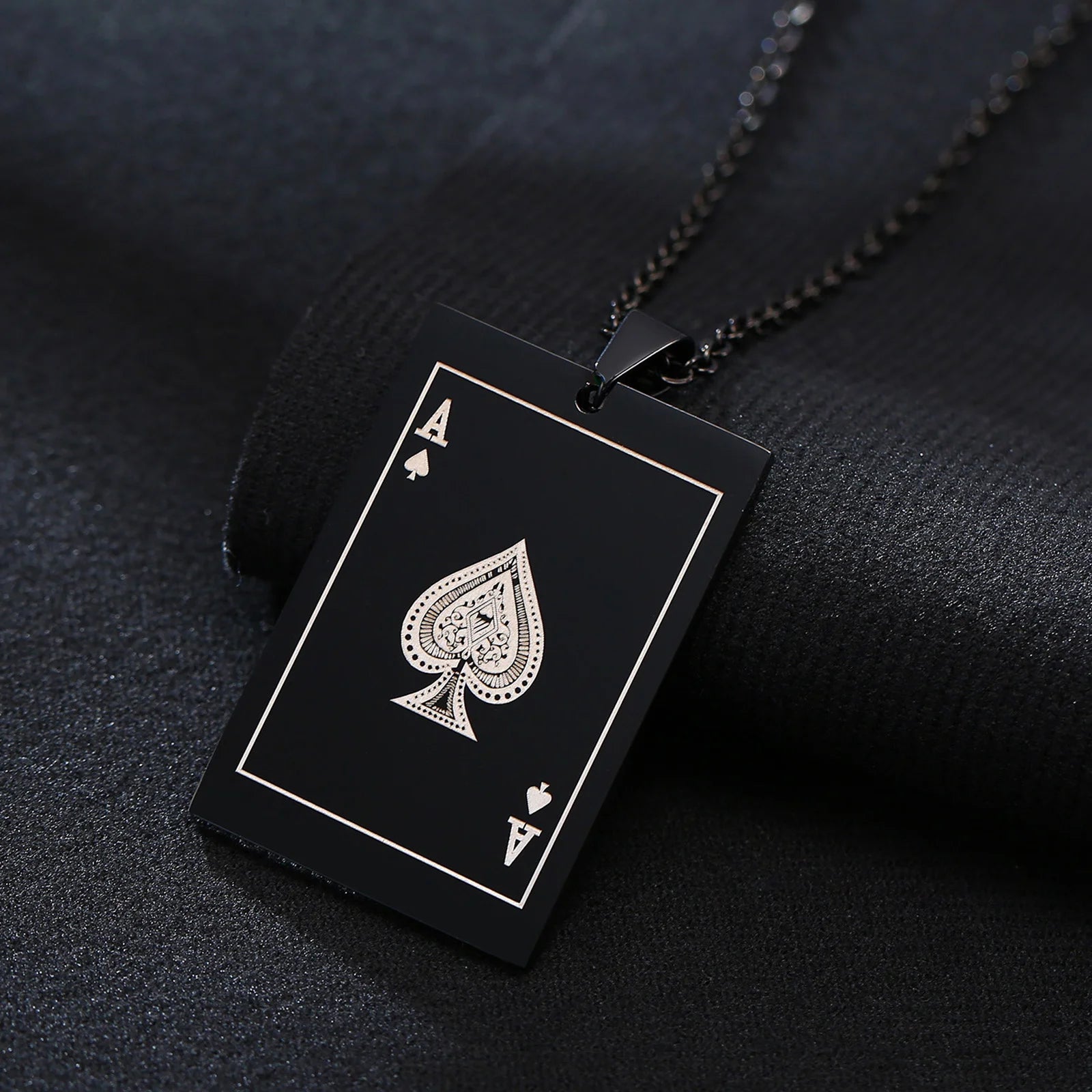 Men's Ace of Spades Poker Card Stainless Steel Dog Tag Necklace - Lovez Aqua© - Black / 60cm 24inch