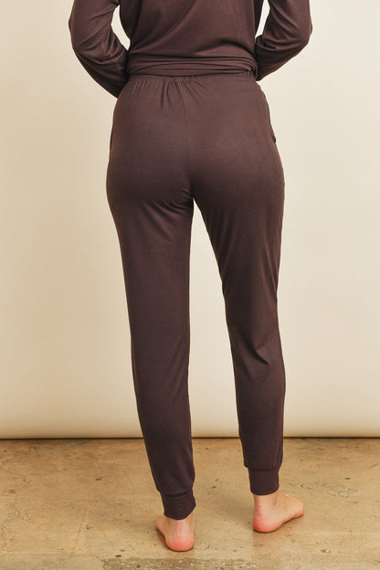 Women's Casual Solid Color Brushed Top & Jogger Bottom Set with Self Tie - Lovez Aqua© - 