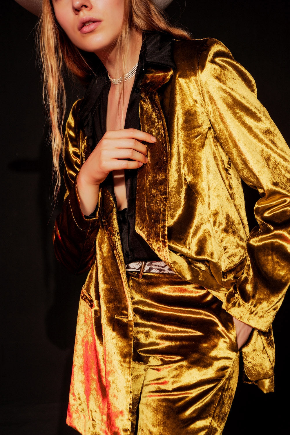 Women's Metallic Gold Velvet Oversized Long Sleeve Buttoned Blazer Jacket - Lovez Aqua© - 