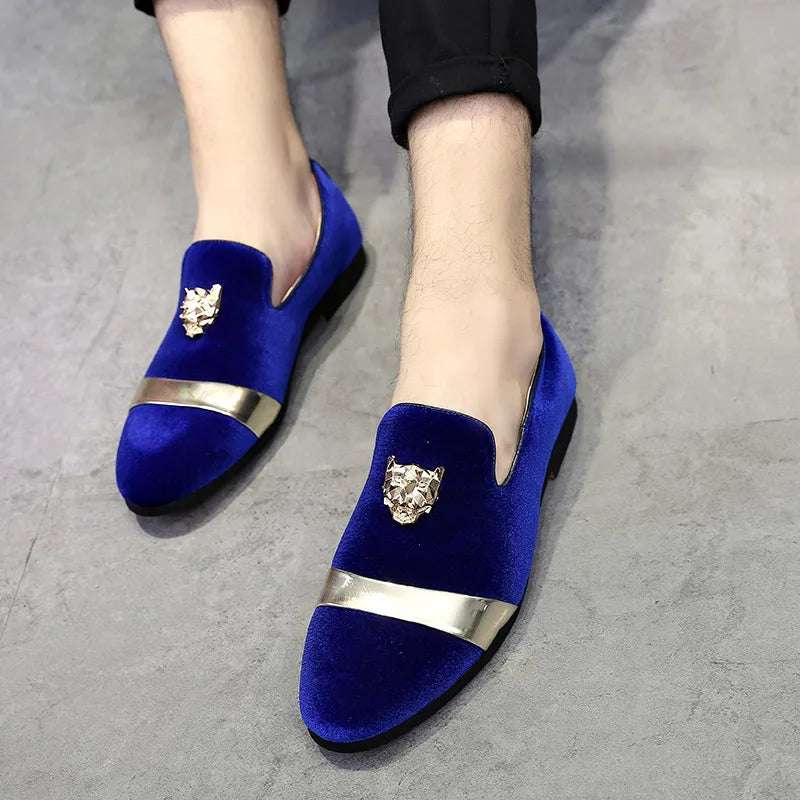 Men's Gold Trimmed Slip-On Loafer Dress Shoes with Gold Tiger Emblem - Lovez Aqua© - Blue / 38