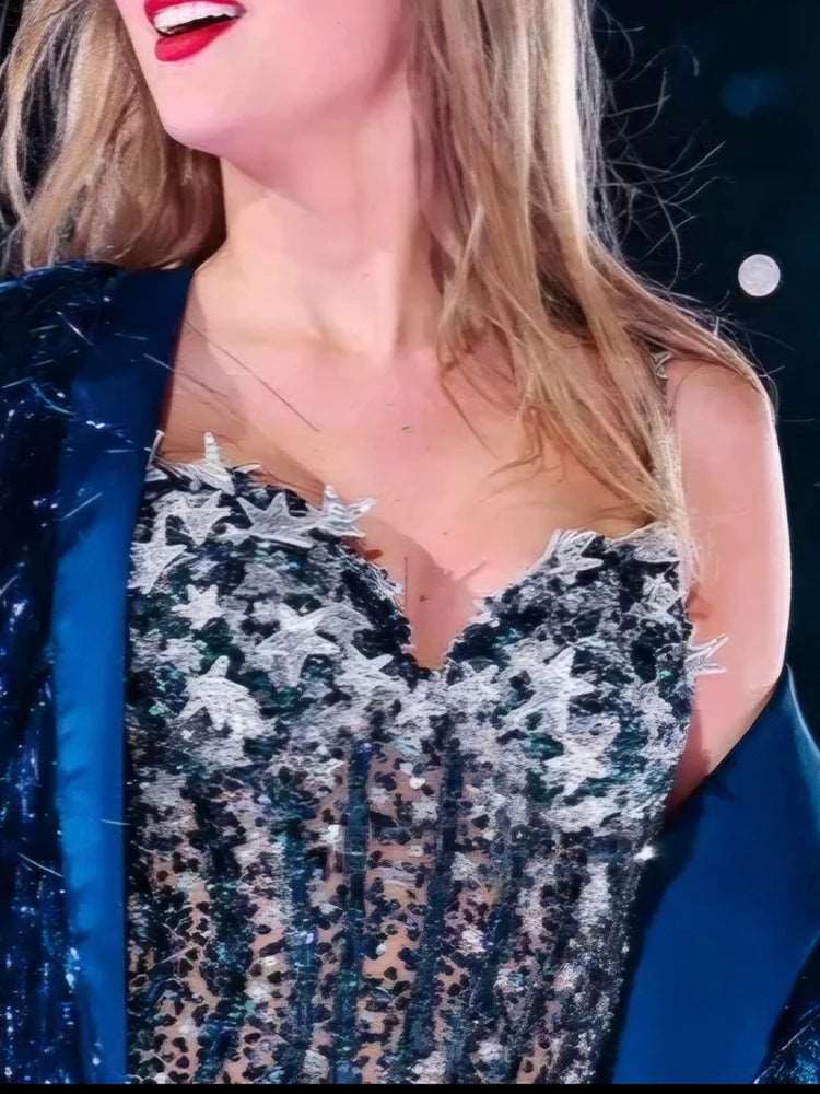 Taylor Swift Replica Blue & Silver Nocturnal Concert Tassel Sequined Bodysuit - Taylor Swift - 