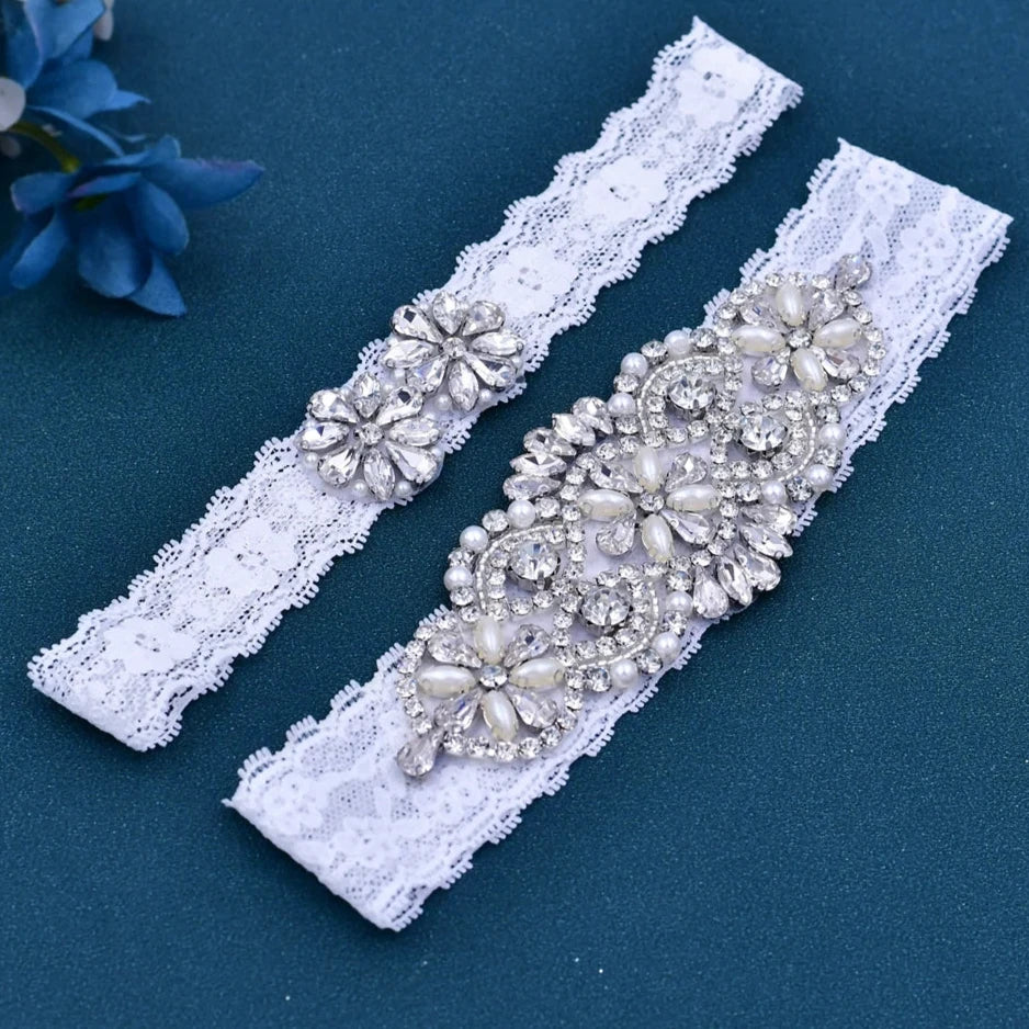 Women's Rhinestone & Pearl Embellished Floral Lace Bridal Garter Belt - Lovez Aqua© - 