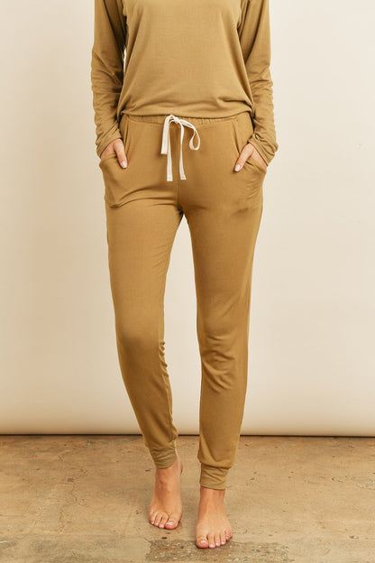 Women's Casual Solid Color Brushed Top & Jogger Bottom Set with Self Tie - Lovez Aqua© - 