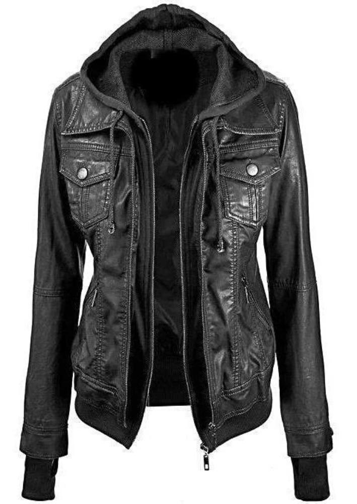 Women's Genuine Lambskin Leather Jacket with Fleece Hoodie & Pockets - Lovez Aqua© - 