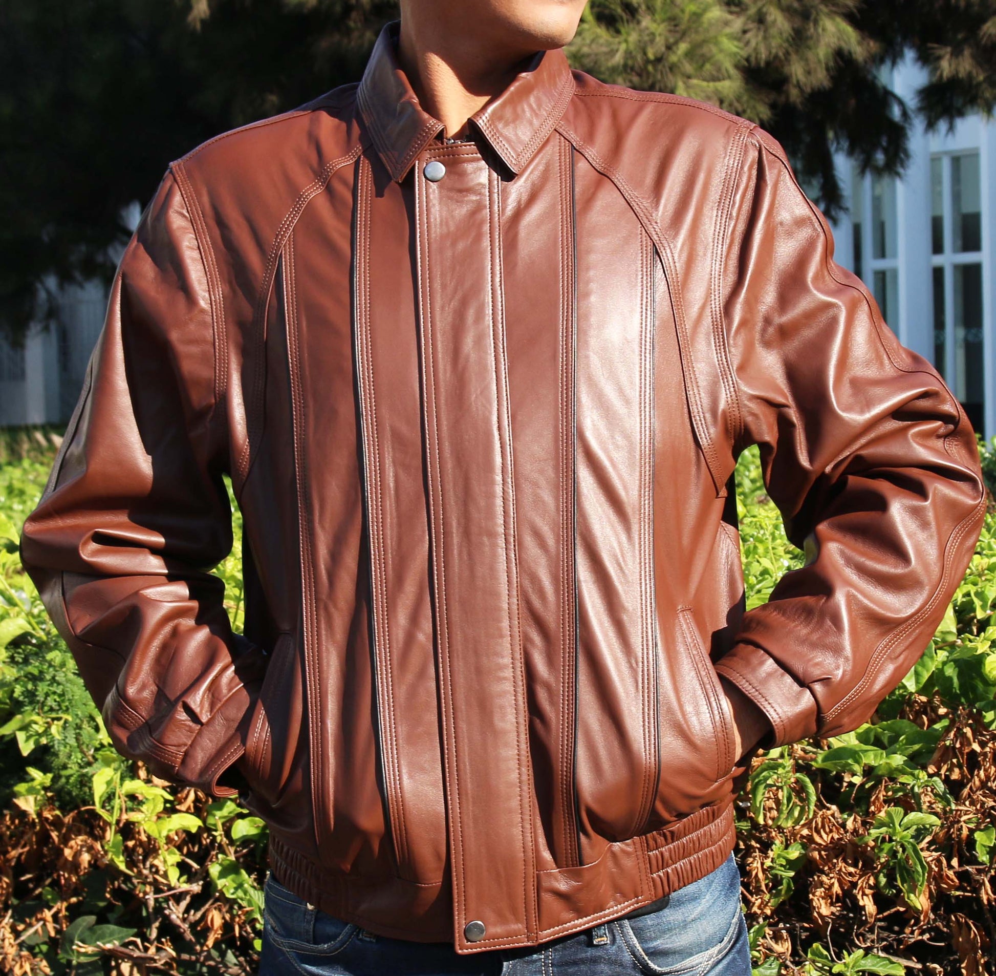Men's Brown Genuine Lambskin Leather Jacket - Lovez Aqua© - 