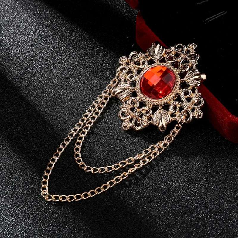 Men's Retro Baroque Style Crystal Brooch Vintage Tassel Chain Brooch - Lovez Aqua© - Gold Red