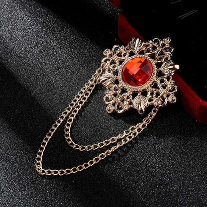 Men's Retro Baroque Style Crystal Brooch Vintage Tassel Chain Brooch - Lovez Aqua© - Gold Red