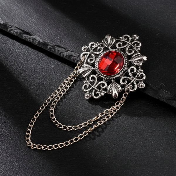 Men's Retro Baroque Style Crystal Brooch Vintage Tassel Chain Brooch - Lovez Aqua© - Gold Red