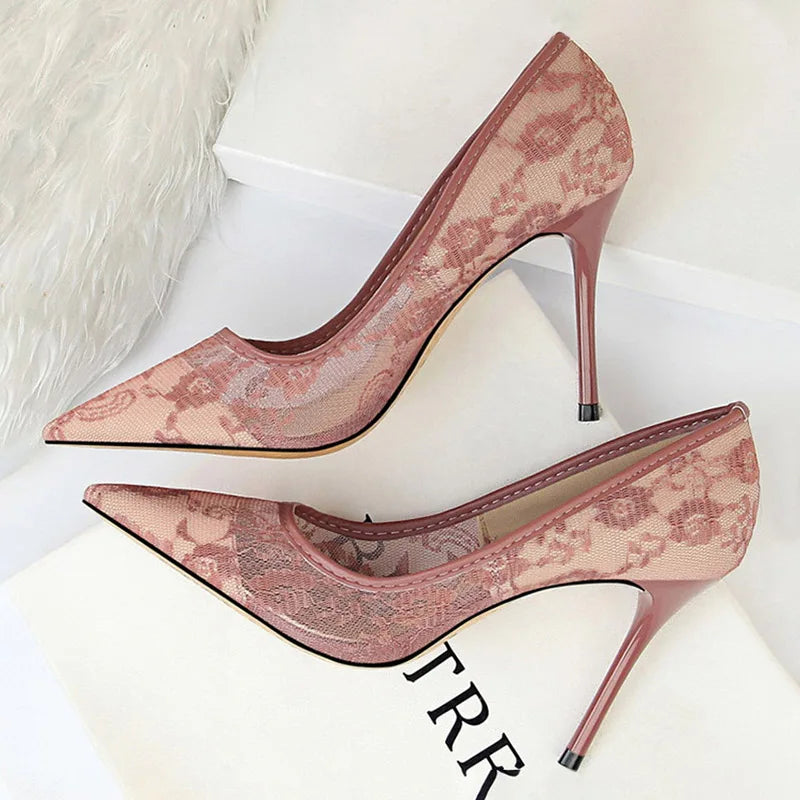 Women's Delicate Mesh Hollow Floral Lace Thin Stiletto High Heels - Lovez Aqua© - Rose / 35