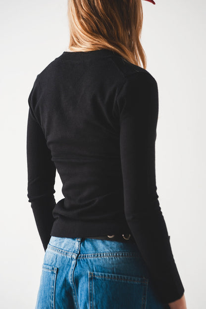 Women's Black V-Neck Fine Knit Bodycon Jumper - Lovez Aqua© - 