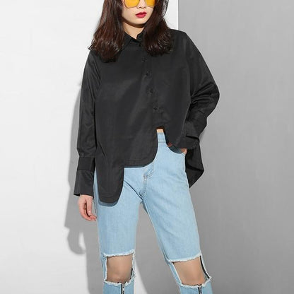 Women's Modern Layered Oversized Button-Down Shirt with Lapels & Irregular Hem - marigoldshadows - Black / S