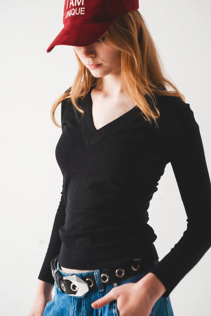 Women's Black V-Neck Fine Knit Bodycon Jumper - Lovez Aqua© - 