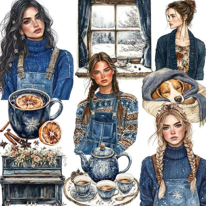 Vintage Rustic Blue & Brown Winter Girl Indoor Cozy Christmas Stickers (20 Pcs) - Lovez Aqua© - 