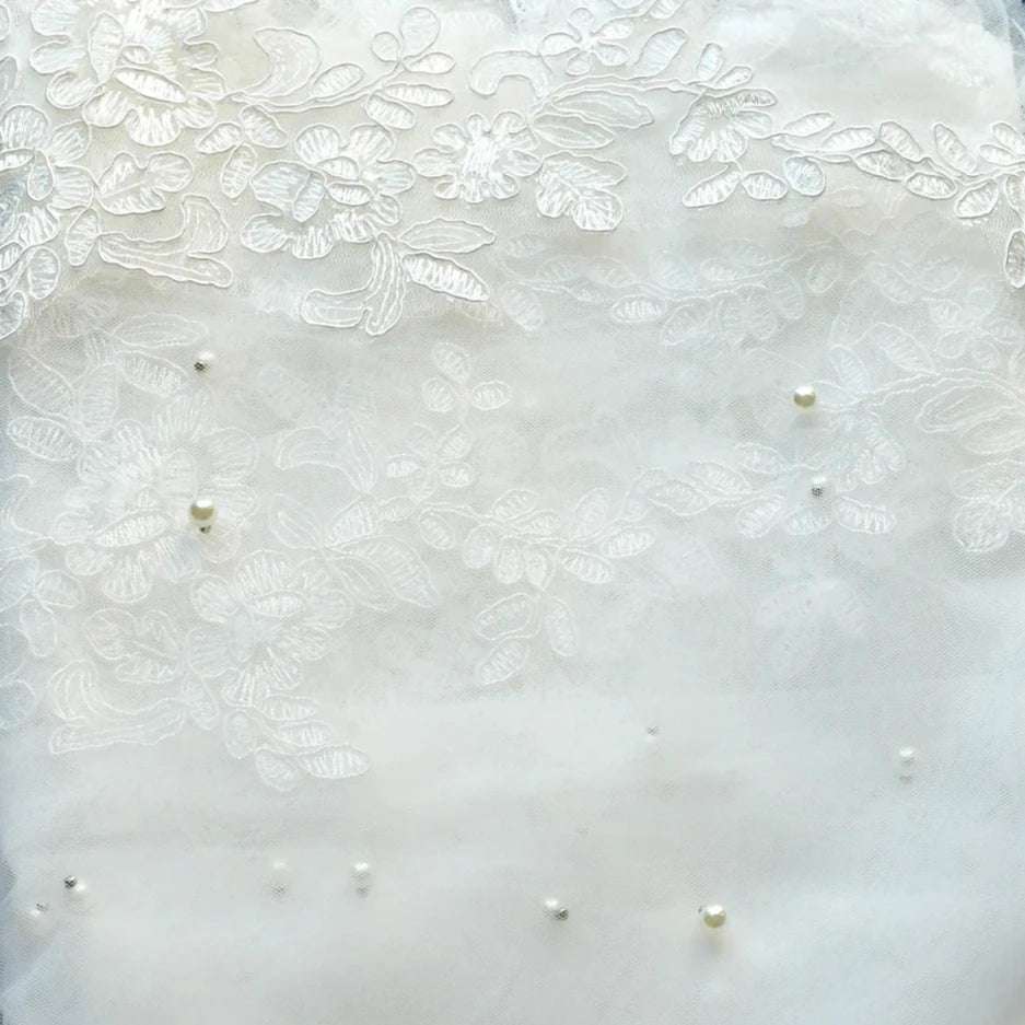 White Faux Pearl Beaded Cathedral Length Laced Edge Long Bridal Wedding Veil - Lovez Aqua© - Off White / 300cm