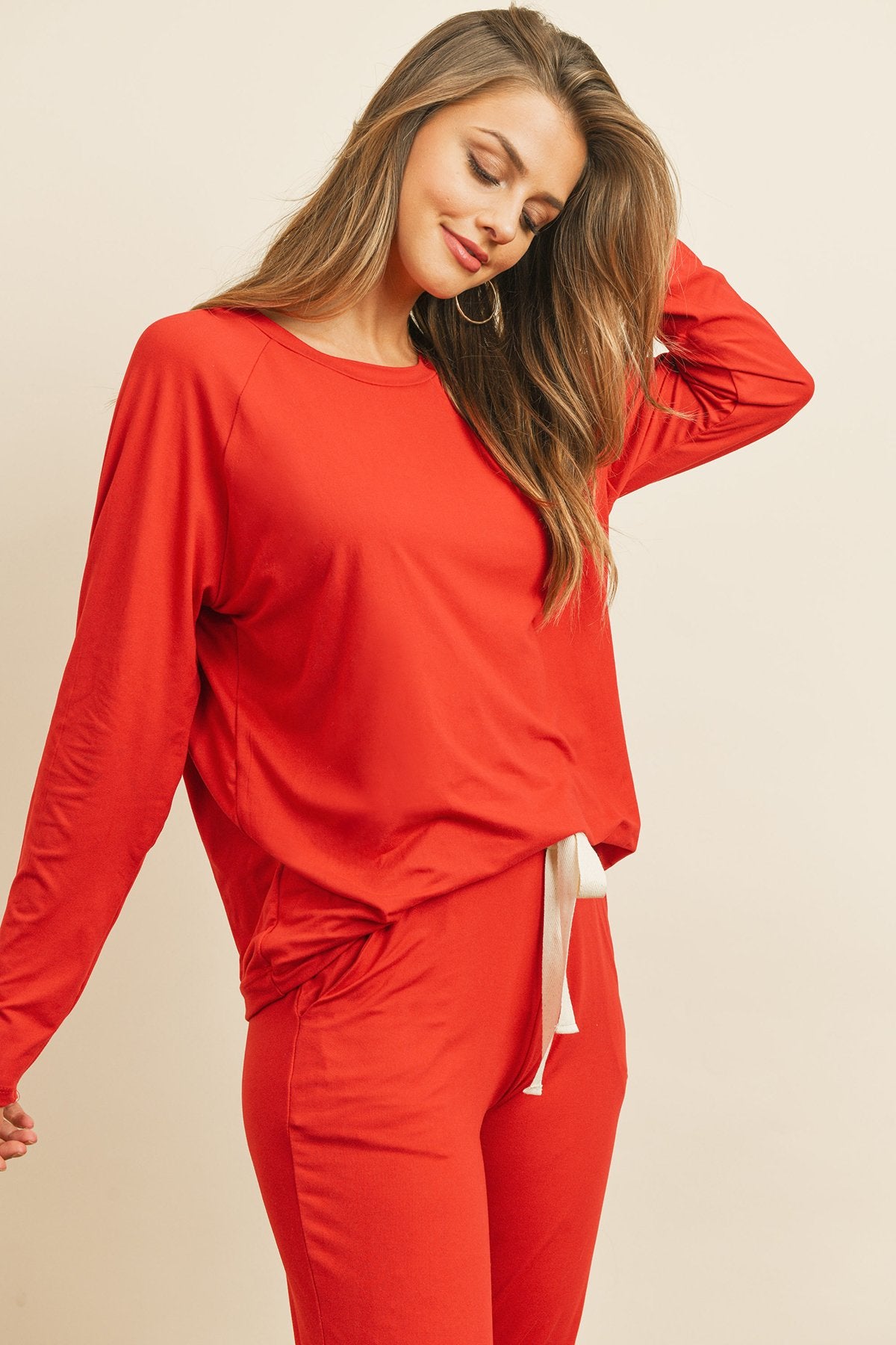 Women's Casual Solid Color Brushed Top & Jogger Bottom Set with Self Tie - Lovez Aqua© - 