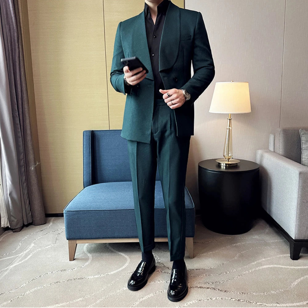 Men's Teal Double Breasted Formal 2 Piece Suit Set (Jacket & Pants) - Lovez Aqua© - 