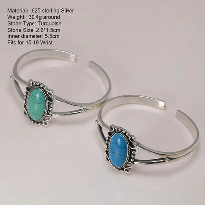 Real S925 Sterling Silver Bella Swan Natural Turquoise Stone Open Cuff Bracelet - Twilight - 