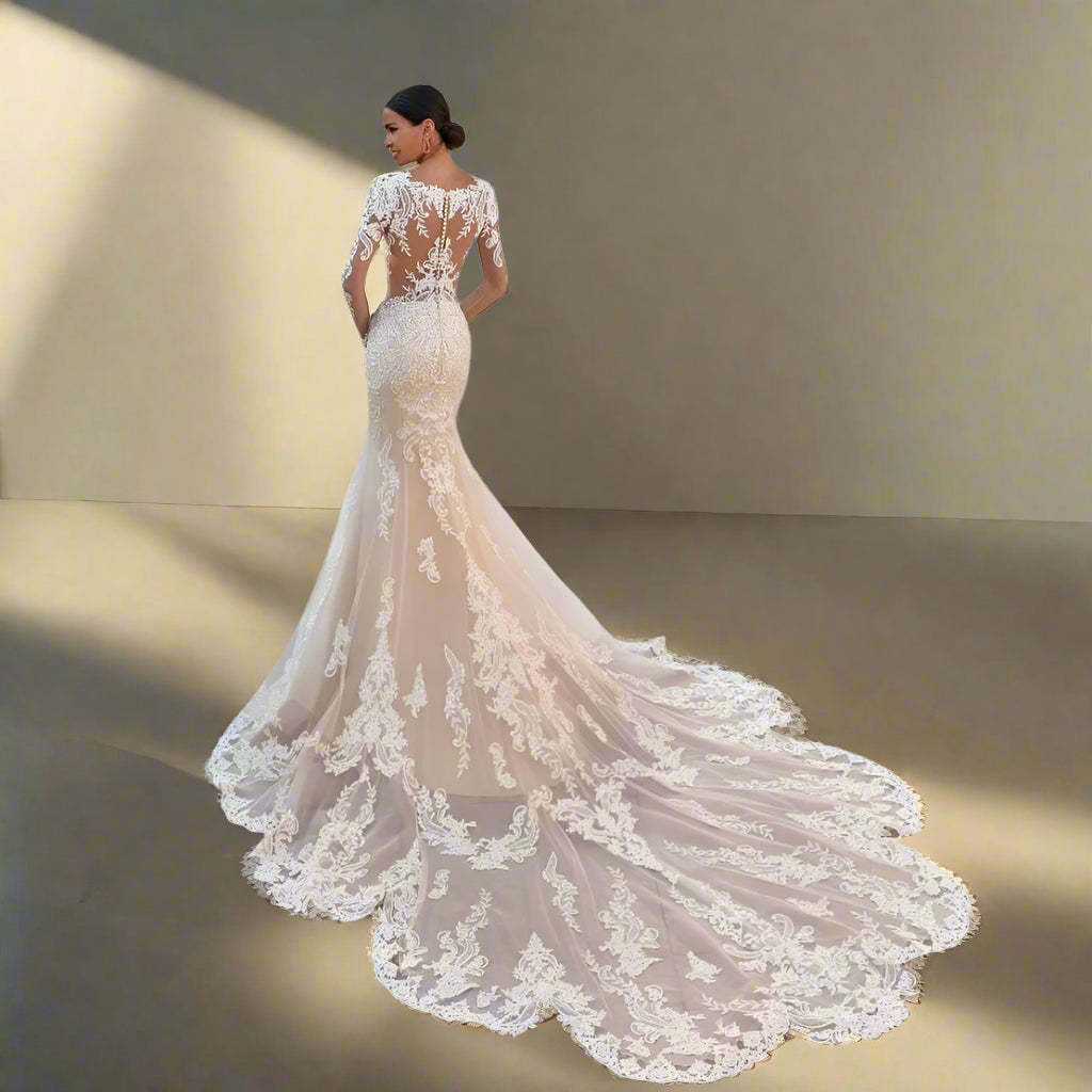 Mermaid Lace Wedding Dress with Scoop Neckline Applique Sleeves & Sweep Train - Lovez Aqua© - 