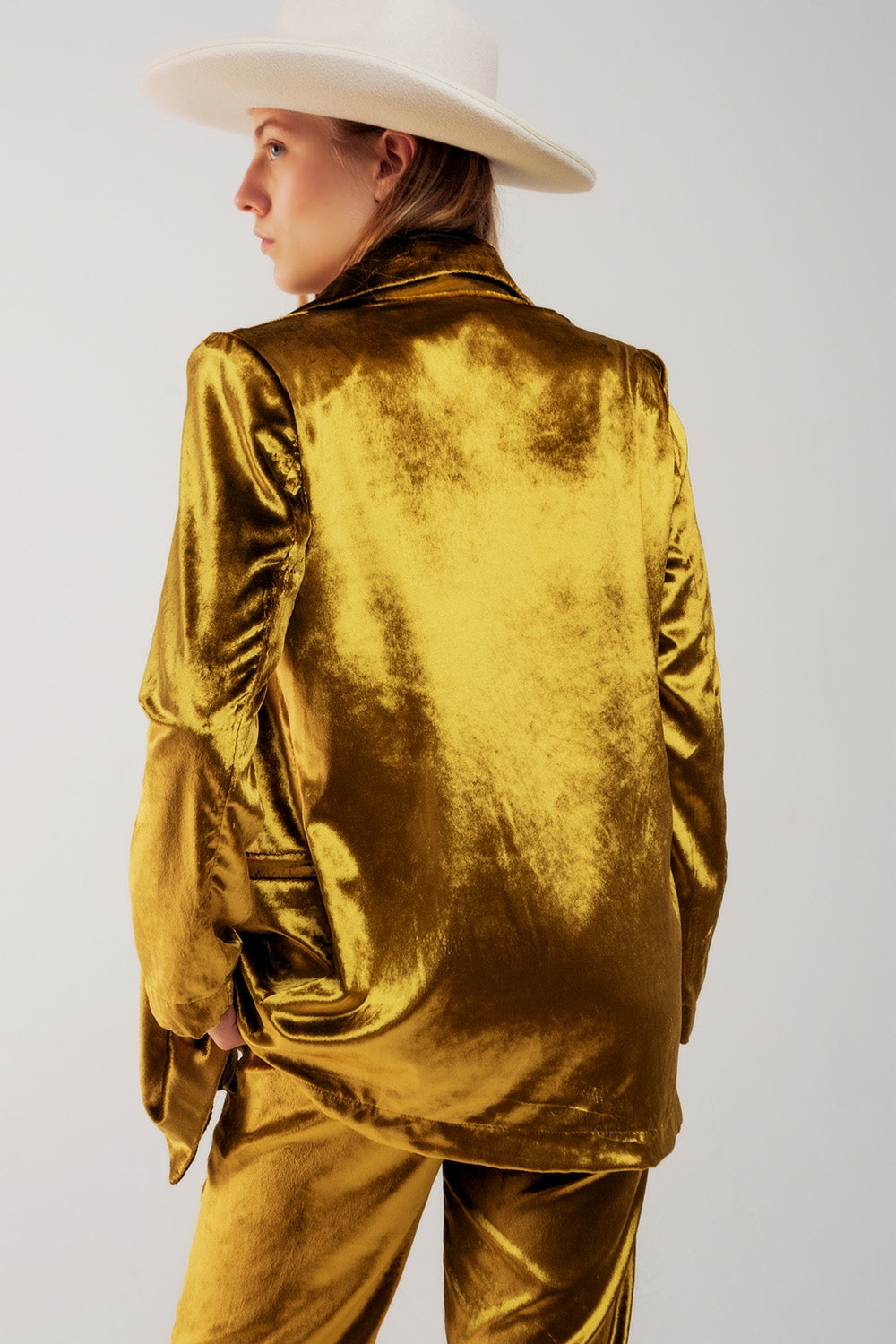 Women's Metallic Gold Velvet Oversized Long Sleeve Buttoned Blazer Jacket - Lovez Aqua© - 