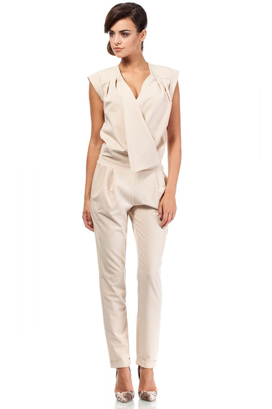 Women's Beige Sleeveless Pantsuit with Envelope Top & Pockets - Lovez Aqua© - 