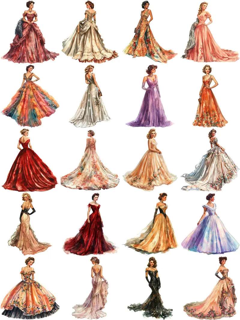 Vintage Classic & Modern Women's Elegant Evening Gown's Stickers (20 Pieces) - Lovez Aqua© - 1