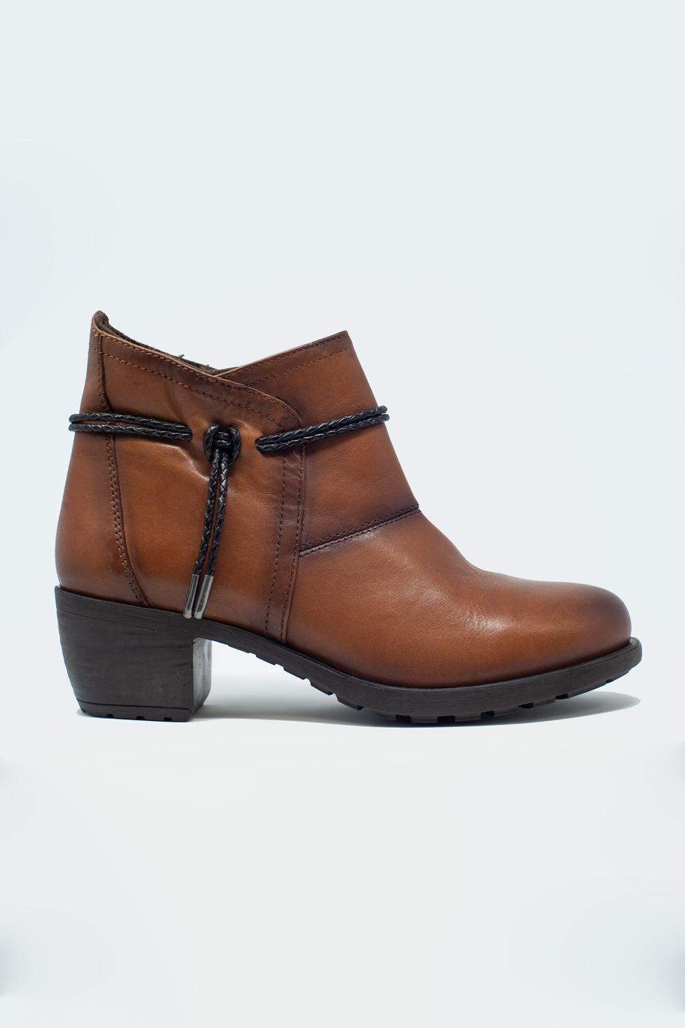 Women's Genuine Brown Leather Blocked Mid Heeled Ankle Boots with Round Toe