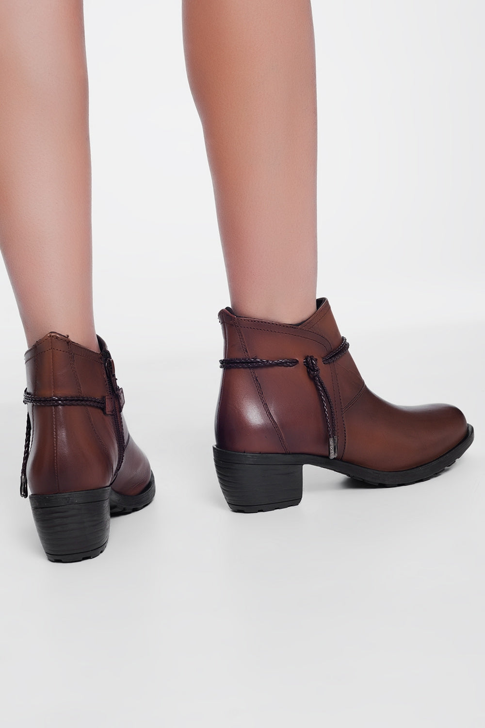 Women's Genuine Brown Leather Blocked Mid Heeled Ankle Boots with Round Toe