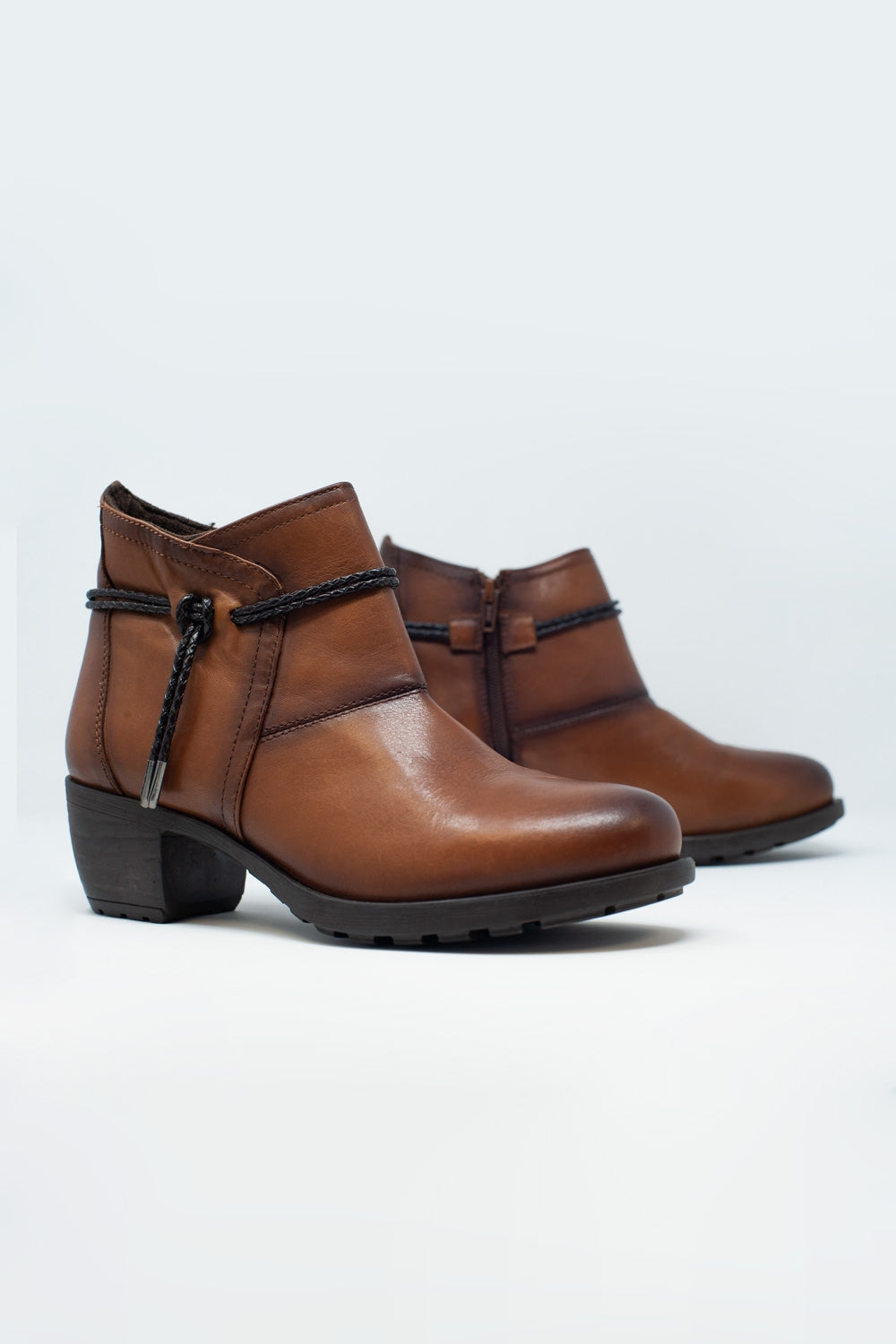 Women's Genuine Brown Leather Blocked Mid Heeled Ankle Boots with Round Toe
